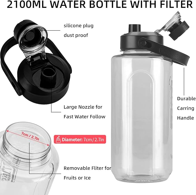 Half Gallon/64oz Water Bottle With Handle, Leak proof with removable strainer, BPA Free Fitness 2L Sports Water Jug, ensure You Drink Enough Water Daily for Gym and Outdoor Sports(Grey)