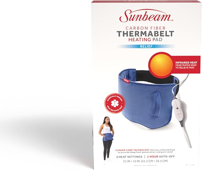 Sunbeam Carbon Fiber Thermabelt Infrared Heating Pad, 12x21in, for Period Cramps, Stomach Cramps, Lower Back