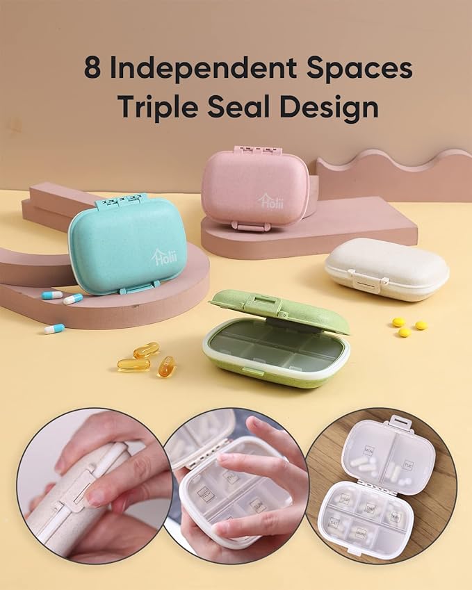 Holii 4PS 8 Compartments Travel Pill Organizer, Pocket Pharmacy for Purse Daily Pill Box Portable Medicine Organizer Vitamin Holder Container （Multi-Colored）