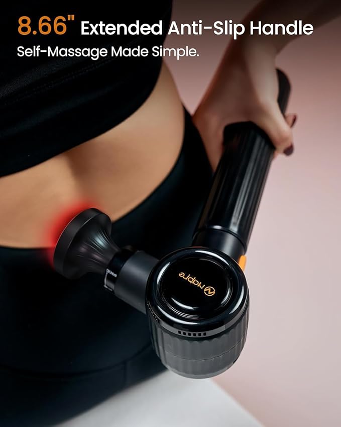 NAPRE Massage Gun with Heat,Massage Gun Deep Tissue with Extension Handle & 3 Adjustable Angles,Handheld Percussion Back Massager for Muscle/Neck/Body Pain Relief with Portable Case,Black