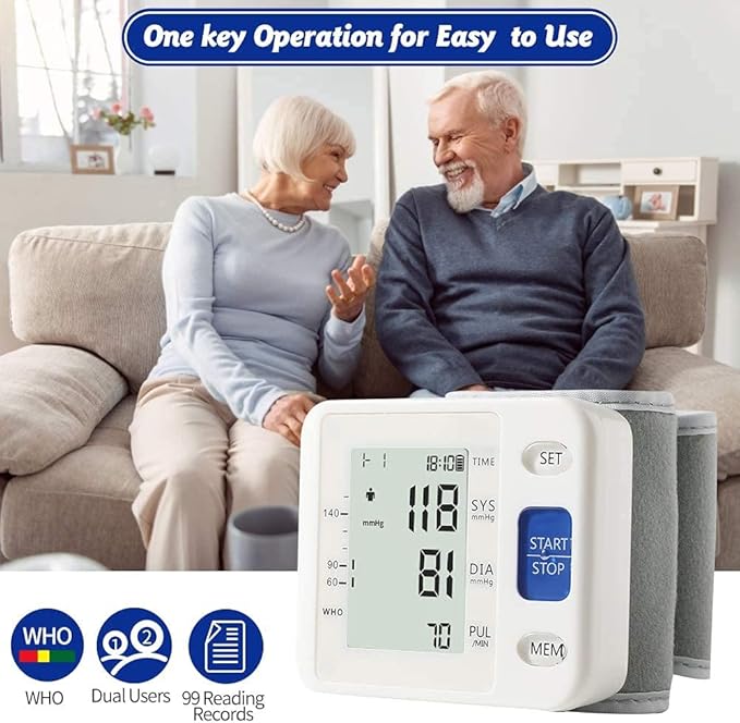 Blood Pressure Monitor - Wrist Accurate Automatic High Blood Pressure Monitors Portable LCD Screen Irregular Heartbeat Monitor with Storage Case and Adjustable Cuff Powered by Battery - White
