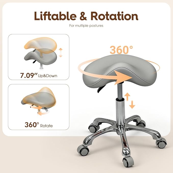 Saddle Stool Rolling Chair for Medical Massage Salon Kitchen Spa Drafting,Adjustable Hydraulic Stool with Wheels (Grey, Without Backrest)