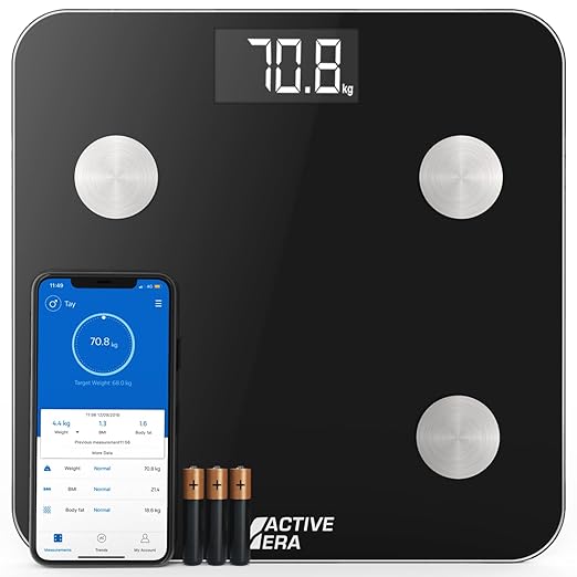 Active Era Digital Bathroom Bluetooth Scales Weight and Body Fat - Fit Track Scale Calculates BMI, Body Fat Percentage, Muscle Mass - Apple Health, Google Fit & Fitbit Compatibility (Black)