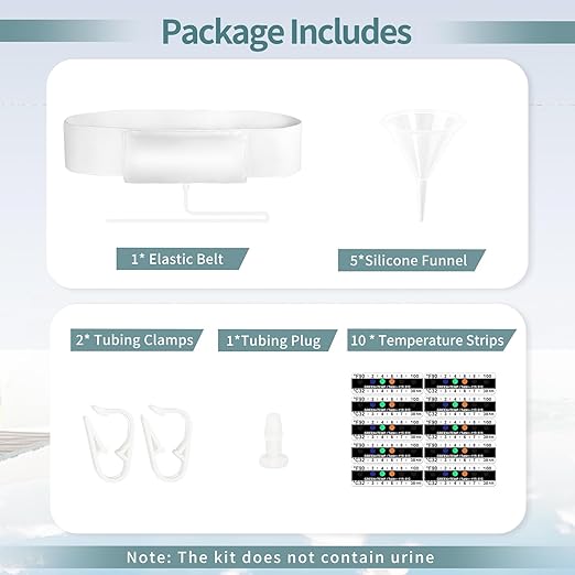 Urine Test Complete Kit with 2-4 oz Sample Pouch, 43.3 inch Concealed Stretch Belt with 5 Liquid Release Outlets, Temperature Strips, Silicone Funnel, Clamps and Plug, Reusable Storage System (White)
