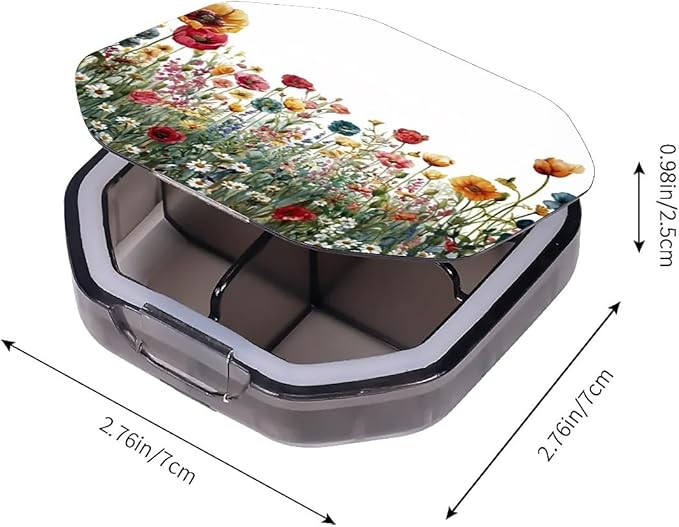 This Portable Watercolor Wildflower Pattern 4-Compartment Pillbox Can Be Placed in A Pocket Or Wallet to Store Vitamins, Medicines Fish Oil Health Supplements Other Medications.