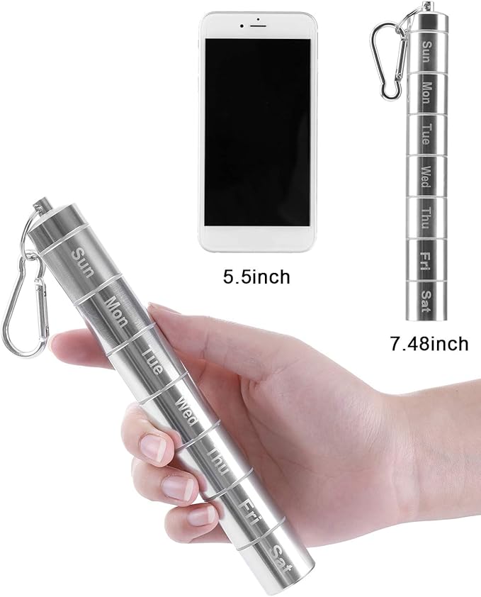 2 Pack Weekly Pill Box, 7 Day Pill Case, BravOne 7 Compartments Aluminum Alloy Portable Pill Holder Waterproof Medicine Organizer Mini Metal Pill Container with Keychain & Carabiner for Travel Camping