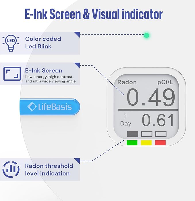 LifeBasis Radon Detector for Home, Portable E-Ink Display Radon Meter with Short & Long Term Monitoring of Radon Levels, Switchable Mesurement Unit Bq/m3 or pCi/L, Battery-Powered