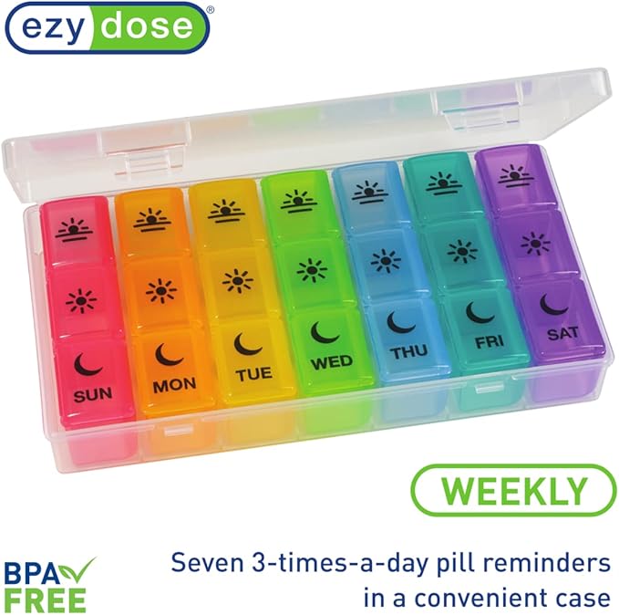 Ezy Dose Weekly (7-Day) Pill Case, Medicine Planner, Vitamin Organizer Box, Convenient and Easy to Use, X-Large Pop-Out Compartments, 3 Times a Day, Rainbow Lids with Case, BPA Free