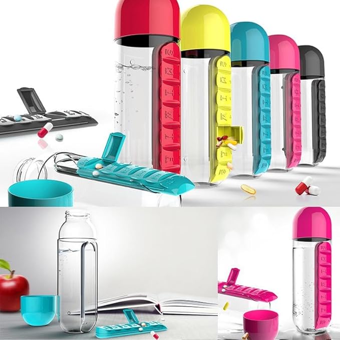 2-in-1 Water Bottle and Pill Organizer, 600ml Capacity, 7 Compartments outdoor capsule cup medicine box dispenser (Rose)