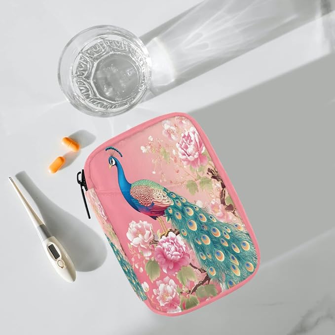 Pink Flower Peacock Pill Case Travel Pill Organizer Weekly 7 Day Portable with Zipper Medicine Box Pill Case for Vitamins, Birth Control,Fish Oils,Medication, Supplements