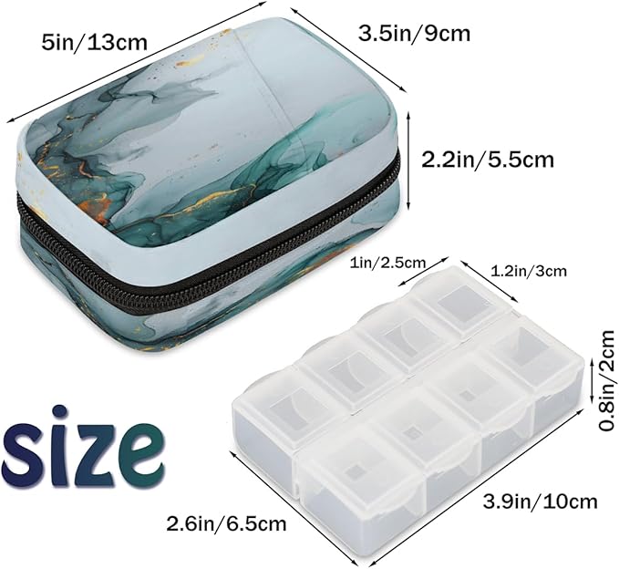 Abstract Teal Gray Marble Travel Pill Organizer Box Weekly Portable Pill Case Daily Pills 7 Day Small Birth Control Pills Container Removable Compartments for Medicine Vitamins Fish Oil