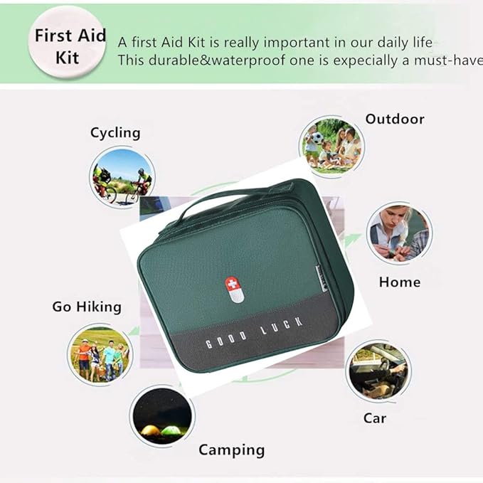 First Aid Kit Bag Empty Travel Medication Pouch Big Zippered Oxford Medical Survival Kit Carrier Handy Medicine Pills Drugs Package Organizer with 5 Pocket+1 Main Holder-9.8x7.9x5.3Inch (Green-L)