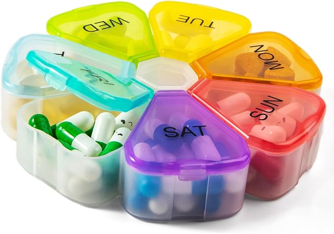 7 Day Pill Case for Medication, Vitamins, Fish Oils, Supplements, Travel Pill Box (Glitter Clear)