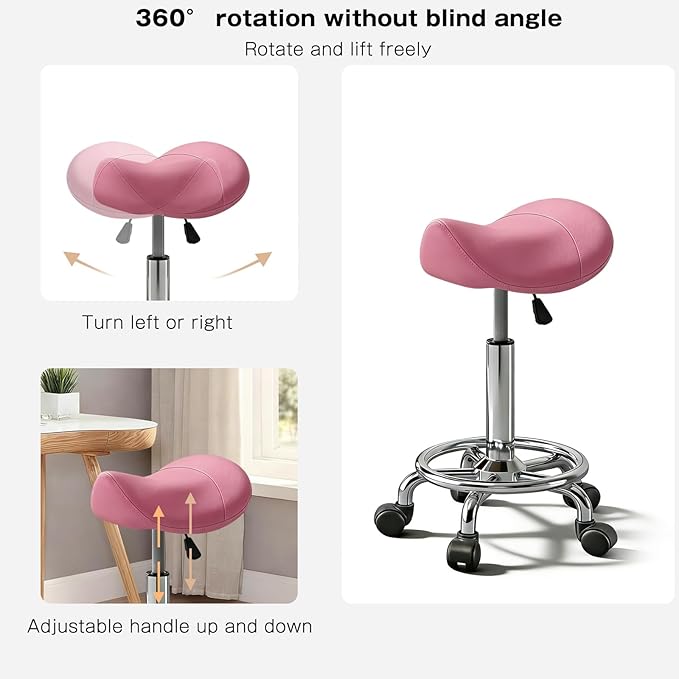 Saddle Stool with Ring Pedal, Adjustable Hydraulic Rolling Chair with Wheels for Medical, Massage, Salon, Spa, Kitchen, and Drafting Use
