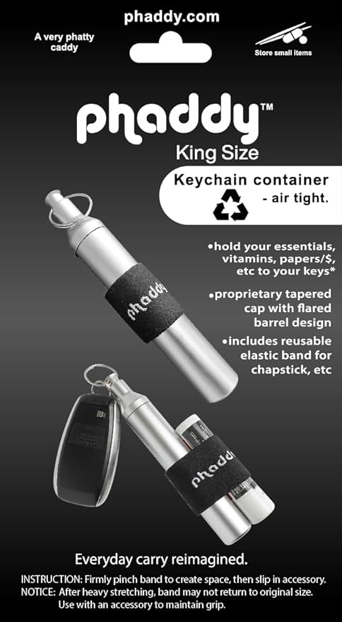phaddy Keychain Pill Holder – Waterproof Airtight EDC Capsule Container, Aluminum Pill Box with Modular Band for Keys, Travel, Emergency Cash, Vitamins & Essentials (Silver, King Size)