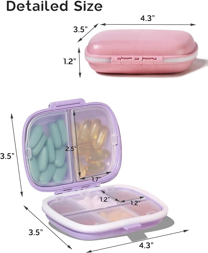 MEACOLIA 3 Pack 8 Compartments Travel Pill Organizer, Daily Pill Case Small Pill Box for Pocket Purse, Portable Pill Container Medicine Vitamin Organizer (Purple, Green, Pink)
