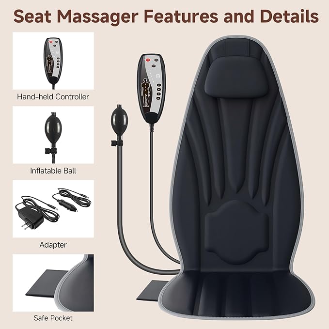 SLOTHMORE Back Massager with Heat Seat Massager for Full Back with 8 Vibrating Motors and 2 Heat Levels, Massage Chair Pad with Lumbar Support Suitable for Office/Home/Gift