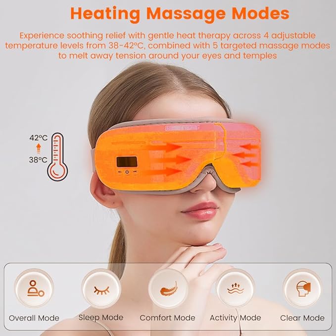 Rejuvenating Heated Eye Massager with 5 Modes, Portable & Foldable Sleep Mask for Migraine Relief and Strain Reduction, Bluetooth-Enabled Eye Massager for Relaxation, Ideal Gift for Parents