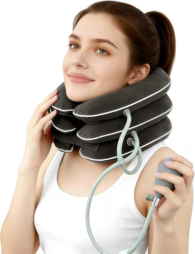 Cervical Neck Traction Device for Home Use Pain Relief,Neck Stretcher,Inflatable Support Neck Brace Adjustable,Neck Stress Relief&Relaxation Metal Valve TPU Liner with Air-Tightness(Dark Gray)