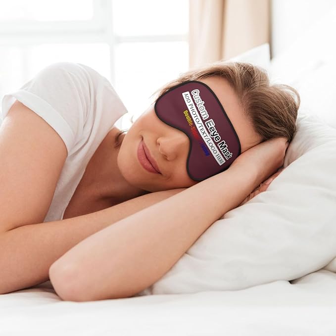 Custom Sleep Eye Mask Personalized Men Women Blindfold Design Your Own Photo Text Logo Adjustable Strap Soft Eyeshade Customized Blackout Eye Cover for Home Offices Travel Maroon