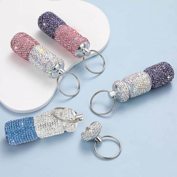 Bling Pill Case Portable Travel Pill Container Bottle Rhinestone Waterproof Small Pill Holder with Keychain Cute Mini Pill Storage Box (white blue)