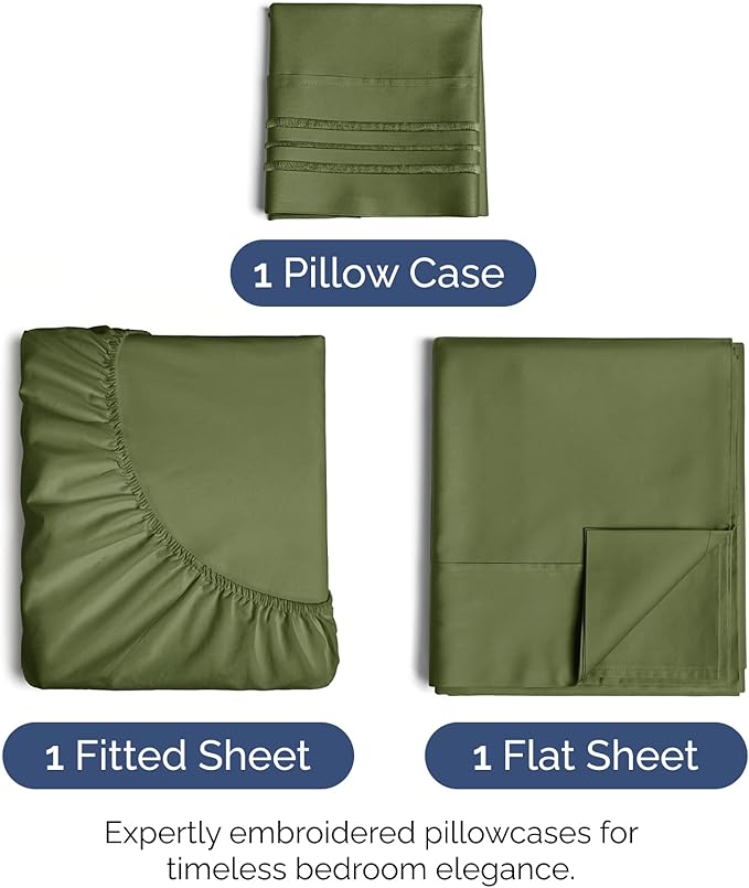 Twin Size 3 Piece Sheet Set - Extra Soft, Breathable & Cooling Sheets - Hotel Luxury Durable Bed Sheets for Women & Men - Deep Pockets, Easy-Fit & Wrinkle-Free Sheets - Deep Olive Oeko-Tex Bed Sheets