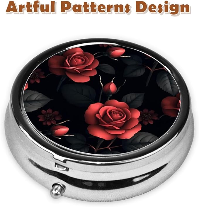 Metal Pill Organizer - 3-Compartment Mini Round Pill Case for Pocket & Purse, Portable Vitamin Holder, Easy-Open Design for Travel - Red Rose