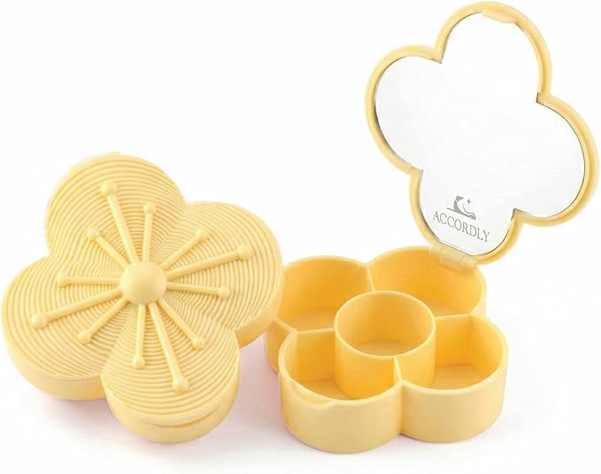 NobleCase Bloom Charm Travel Pill Organizer, 5 Compartments with Mirror, Easy-Open Lock, Cute Compact Pill Box for Purse, BPA-Free Vitamin Case and Small Jewelry Storage, Citron Yellow