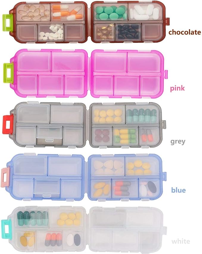 Pill Case (2 Pack) - Portable Small Supplements Tablet Container Box with 10 Compartments - Medicine Capsule Vitamin Organizer Dispenser Holder Storage for Travel Trip Pocket Purse(Pink+White)
