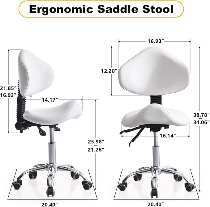 Saddle Stool Chair Rolling with Back Esthetician Chair for Nail Tech Dental Tattoo Artist Eyelash Hairdresser Hairstylist Medical Shop Ergonomic Stool Adjustable Hydraulic White