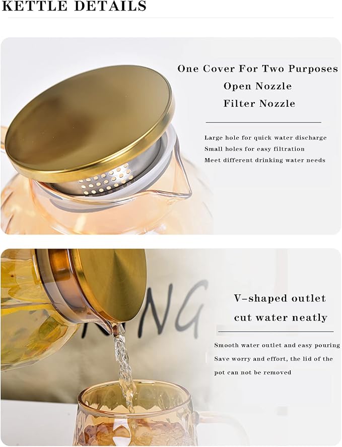 64 oz Amber Glass Pitcher with Lid and Spout Borosilicate Water Pitcher Bedside Water Carafe Vintage Glass Jug for Juice Coffee Iced Tea Hot Cold Beverage Lemonade Fridge 1.8L