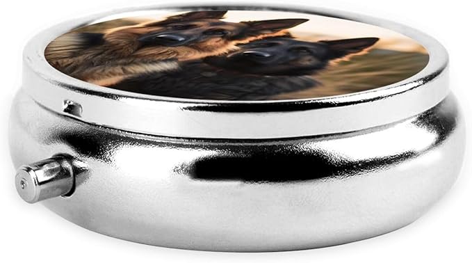 Pill Box 3 Compartment Medicine Pill Organizer Animal German Shepherd Round Pill Case for Purse & Pocket Travel Pillbox Portable Metal Medicine Vitamin Fish Oil Organizer Unique Gift