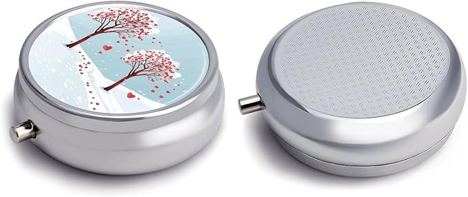 Heart Shaped Leaf Tree Pill Box Travel Pill Case for Purse Pocket Weekly Medicine Organizer with Mirror 3 Compartment Round Medicine Case Portable PillcaseHolder for Daily