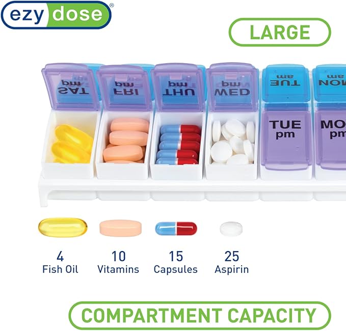 Ezy Dose 7-Day AM/PM and Weekly Pill Organizers with Push Buttons, Rounded Bottoms, Translucent Lids, Blue and Purple