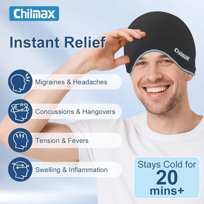 Migraine Relief Cap,Full Head Ice Hat Hot & Cold Gel Compress Pack with Face and Eye Mask,Headache Ice Pack Head Wrap for Hangover, Fever, Puffy Eyes,Tension, Sinus, Stress Relief (Black)