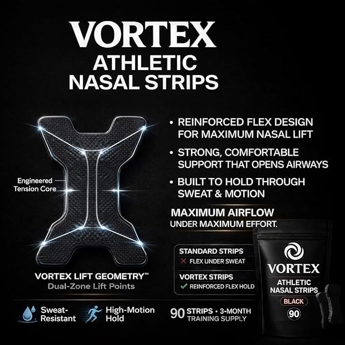 Nose Strips for Breathing with Extra-Strength Tension Core (90 Count) - Oil & Sweat Proof Adhesive - Athletic Nasal Strips for Snoring & Sleeping - Black, Wide, Universal Fit