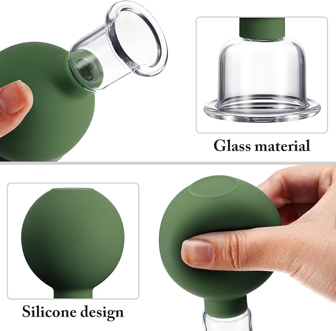 BBTO 4 Pcs Glass Facial Cupping Set Silicone Vacuum Suction Massage Cups Skin Tightening Therapy for Face Body Eyes Back Shoulder Pain(Military Green)