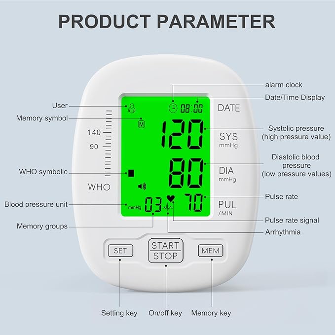 Blood Pressure Monitor, Blood Pressure Cuff 22-42cm - 2 * 99 Sets of Memory, 4*AAA Battery Included, White