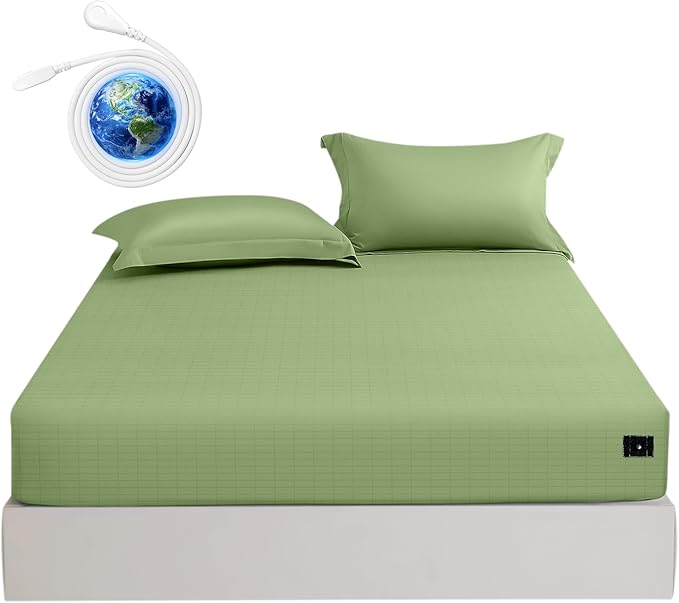 Grounding Sheets Full Size Premium Cotton for Healthy Sleep Therapy, Deep Pocket Grounding Fitted Sheets Includes Grounding Cord (Sage Green, Full -54"x75"x14")