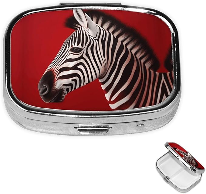 Square Pill Box 2 Compartment Medicine Pill Case Zebra Red Pill Box for Purse Pocket Waterproof Metal Pill Container Portable Pill Holder Mini Pill Organizer for Travel or Daily