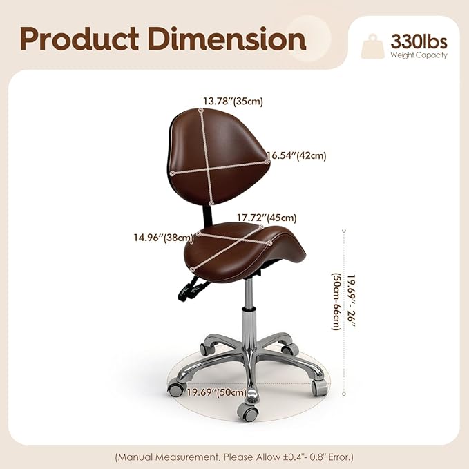 Saddle Stool Rolling Chair for Medical Massage Salon Kitchen Spa Drafting,Adjustable Hydraulic Stool with Wheels (Brown, with Backrest)