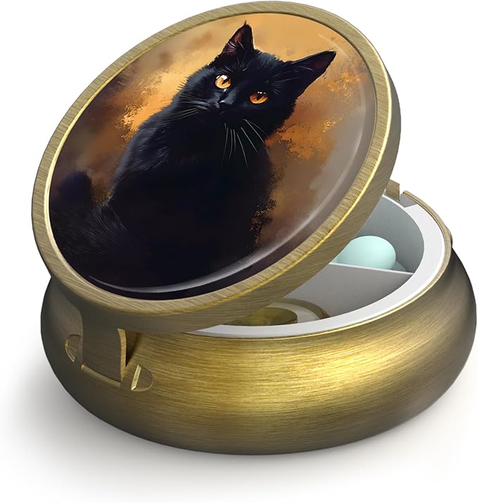 Small Pill Case Pill Box with Mirror Retro 3 Compartment Pill Holder for Purse or Pocket Bronze Portable Medicine Vitamin Container Fish Oil and Supplement Storage BPA-Free(Black Cat)