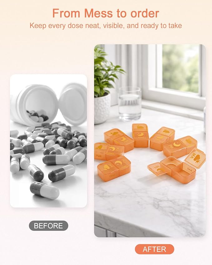 Pill Organizer 2 Times a Day, PU Leather Pill Case for Women, Portable Weekly Pill Box for Purse with Storage Bag to Hold Vitamins, Medications, Fish Oils, Supplements