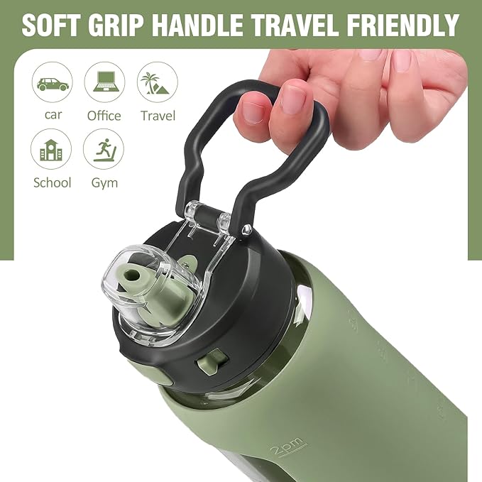 Kodrine 32 oz Glass Water Bottle with Straw and Carry Loop, One-Touch Leakproof Locking Lid, Reusable Drinking Bottle with Time Marker for Travel Home Gym Sports (Olive)