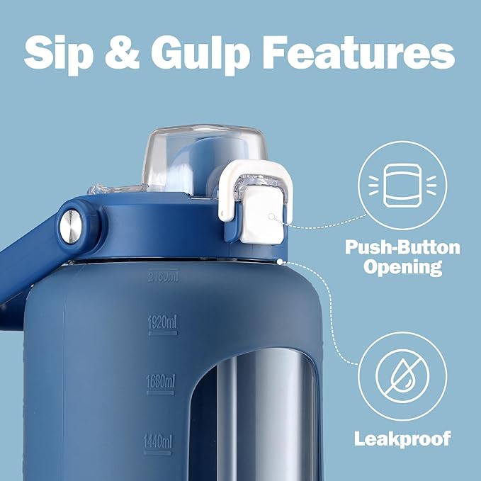 72oz Glass Water Bottle with 2-IN-1 Straw &Chug Lid, Large Motivational Glass Bottle with Capacity Marker and Silicone Sleeve, 2.1Liter Gallon Water Jug for Home, Sports, Gym, BPA Free-Blue