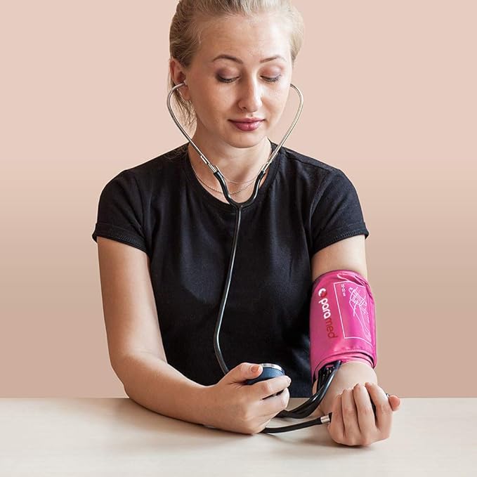 PARAMED Aneroid Sphygmomanometer with Stethoscope – Manual Blood Pressure Cuff with Universal Cuff 8.7-16.5" and D-Ring – Carrying Case in The kit – Pink