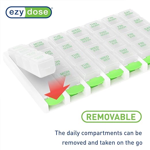 EZY DOSE Weekly (7 Day) 4 Times a Day Push Button Pill Organizer and Vitamin Planner, Removable Daily Pillboxes, Green, Convenient and Easy to Use, Clear Lids, Large, BPA Free