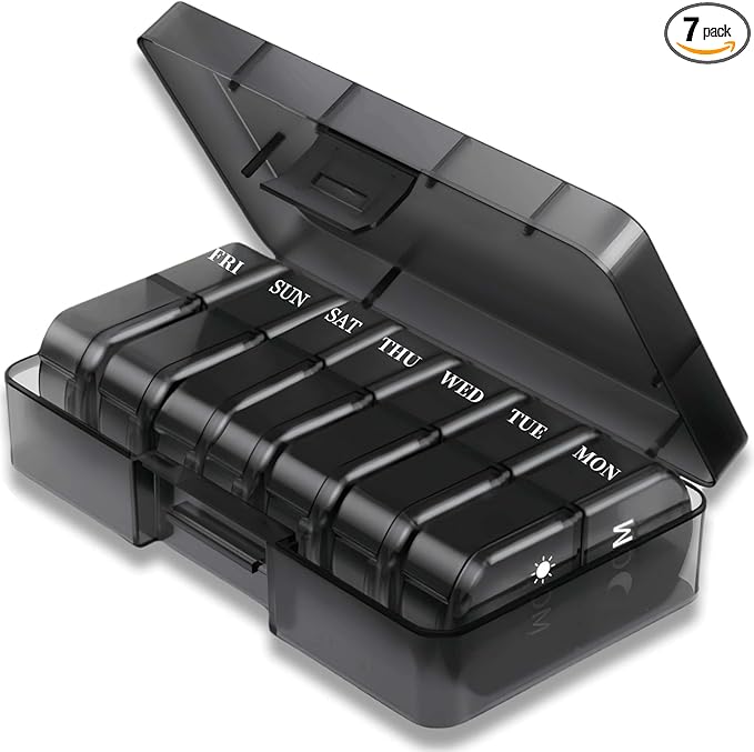 Weekly Pill Organizer 2 Times a Day, Portable Travel 7 Day Morning and Night Pill Box, Black Daily Am Pm Pill Case for Medication, Vitamins, Fish Oils, Supplements