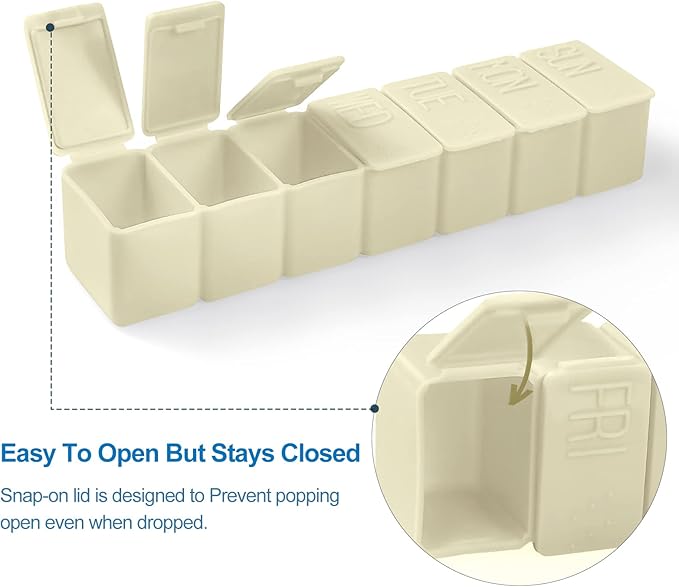 Weekly Small Pill Organizer, 7 Day Pill Case, Daily Vitamin Case Medicine Box, Pill Containers for Medicine Supplements Fish Oil(2Pcs,Beige)