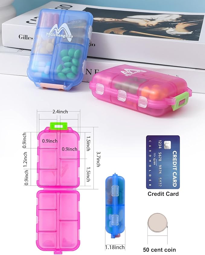 2 Pack Pill case Travel Pill Organizer, Pill Box for Purse Vitamin Fish Oil 10 Compartments Container Medicine Box by M Muchengbao